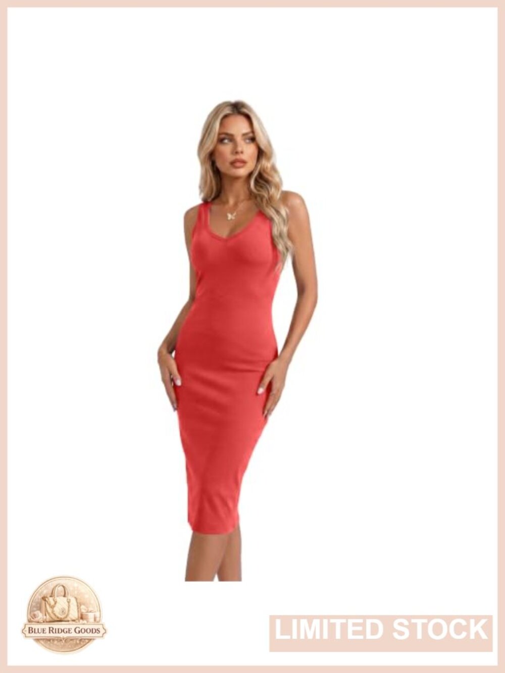Ribbed Bodycon V-Neck Midi Dress, Sleeveless, Knit, Stretchy - Picture 2 of 6